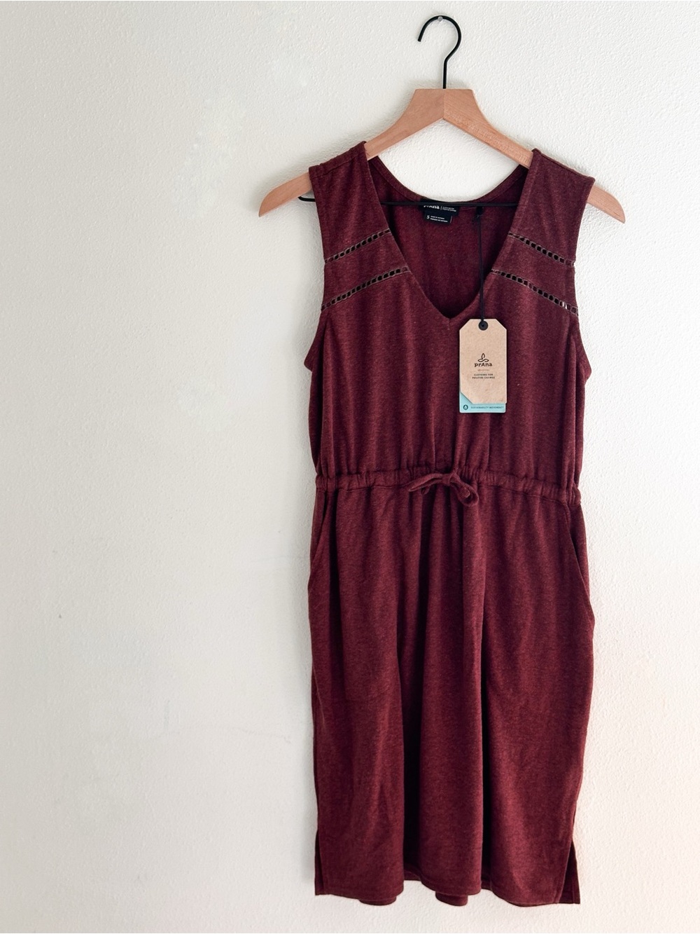 Prana Sleeveless Drawstring V-Neck Dress in Deep Burgundy - Size Small